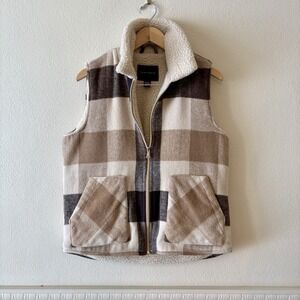 Sanctuary Plaid Sherpa Lined Vest Women's S Zip Front Brown Tan Cream Gorpcore